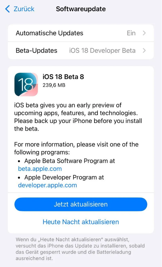 常德苹果手机维修分享苹果 iOS / iPadOS 18 开发者预览版 Beta 8 发布 